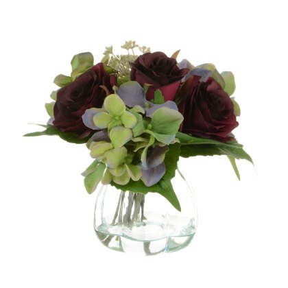 Floralsilk Burgundy Green Rose & Hydrangea in Curve Vase Floralsilk Burgundy Green Rose & Hydrangea in Curve Vase