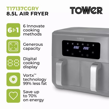Tower Dual Basket Vortx Air Fryer Grey Tower Dual Basket Vortx Air Fryer Grey
