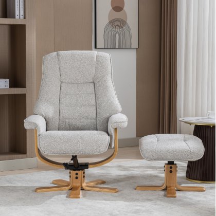 Sardinia Swivel Recliner Chair & Stool Set in Greige Fabric
