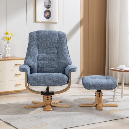 Sardinia Swivel Recliner Chair & Stool in Ocean Fabric