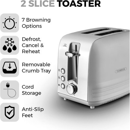 Tower Ash 2 Slice Toaster Grey