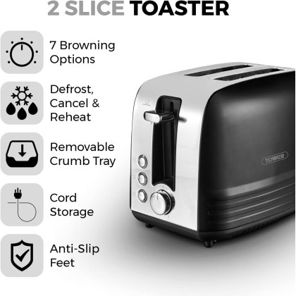 Tower Ash 2 Slice Toaster Black