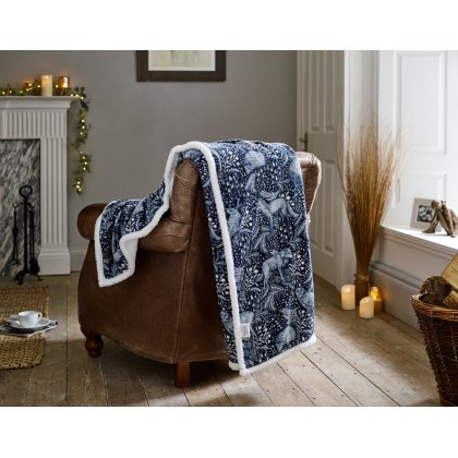 Deyongs Sherpa Fleece Throw Woodland Folk Navy