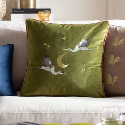 Paoletti Moonlit Flight Olive Embroidered Velvet Cushion