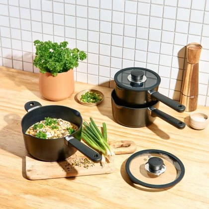 Judge Vista Ceramic 3 Piece Draining Saucepan Set Judge Vista Ceramic 3 Piece Draining Saucepan Set