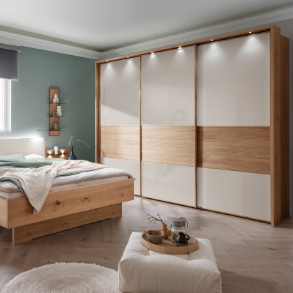 Wiemann Manhattan 3 Door Sliding Wardribe in Champagne Glass with Wooden Trim and Frame with Lights