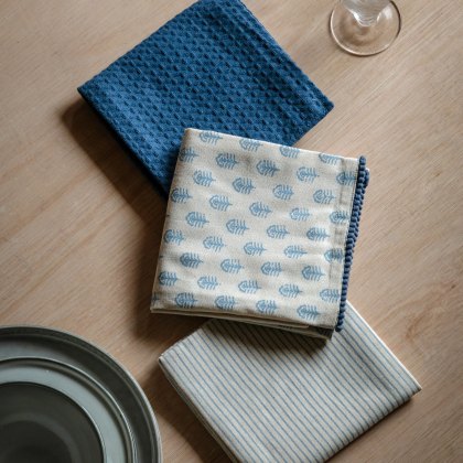 Gallery Direct Fleur Floral Stamp 3 Pack Tea Towels Blue