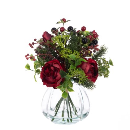 Floralsilk Cabbage Rose & Berries In Vase Burgundy Floralsilk Cabbage Rose & Berries In Vase Burgundy