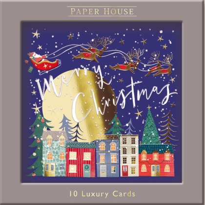 Paper House Santa Flying over Houses Pack of 10 Cards Paper House Santa Flying over Houses Pack of 10 Cards