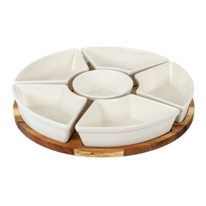 Hill Interiors Acacia Lazy Susan with Ceramic Serving Bowls Hill Interiors Acacia Lazy Susan with Ceramic Serving Bowls