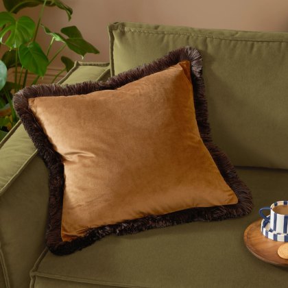 Furn Halo Fringed Velvet Cushion Caramel & Chocolate