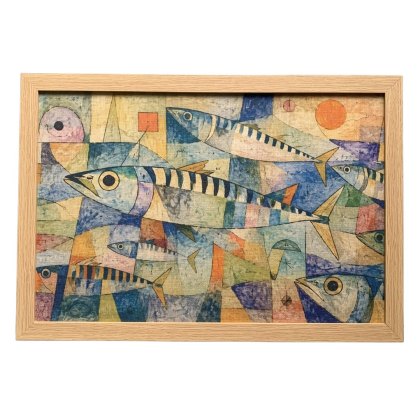 Aquarelle Mackerel Swimming Printed Art Oak Frame