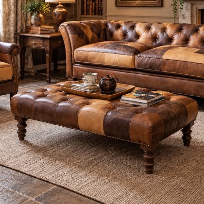 Banquette Footstool in Toffee Patchwork Leather