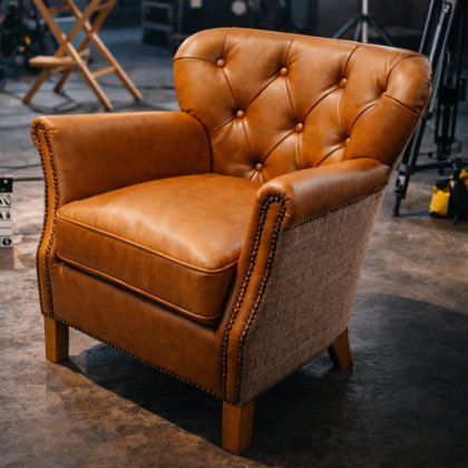 Dean Button Back Chair in Leather with Harrington Tweed Dean Button Back Chair in Leather with Harrington Tweed