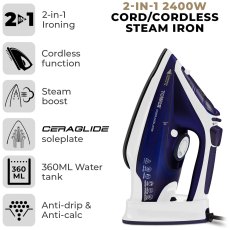 Tower Ceraglide 2400w Cord/Cordless Iron Blue