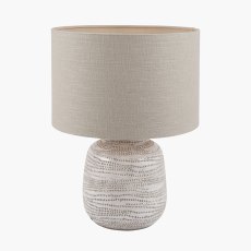 Alina White Dot Design Small Stoneware Table Lamp with Natural Linen Shade