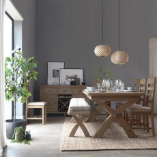 Heritage 2m Crossed Legged Bench & 5 Cushioned Ladderback Chairs Heritage 2m Crossed Legged Bench & 5 Cushioned Ladderback Chairs