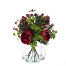Floralsilk Cabbage Rose & Berries In Vase Burgundy Floralsilk Cabbage Rose & Berries In Vase Burgundy