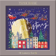 Paper House Santa Flying over Houses Pack of 10 Cards Paper House Santa Flying over Houses Pack of 10 Cards
