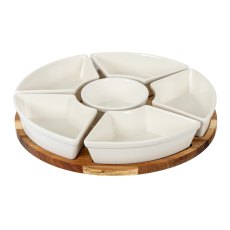 Hill Interiors Acacia Lazy Susan with Ceramic Serving Bowls Hill Interiors Acacia Lazy Susan with Ceramic Serving Bowls