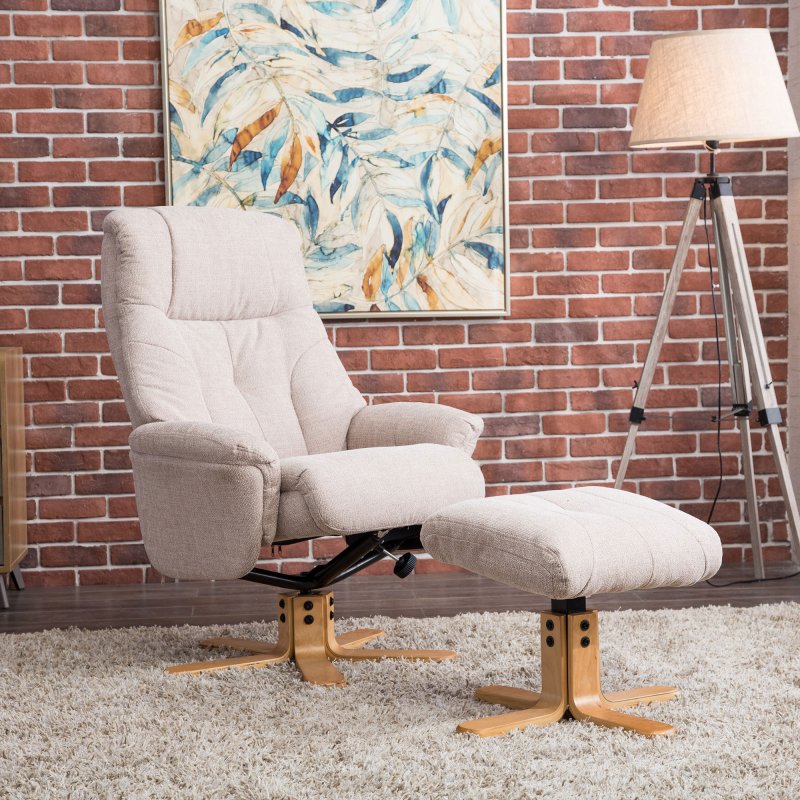 Dubai Swivel Recliner Chair & Stool in Lisbon Wheat Fabric