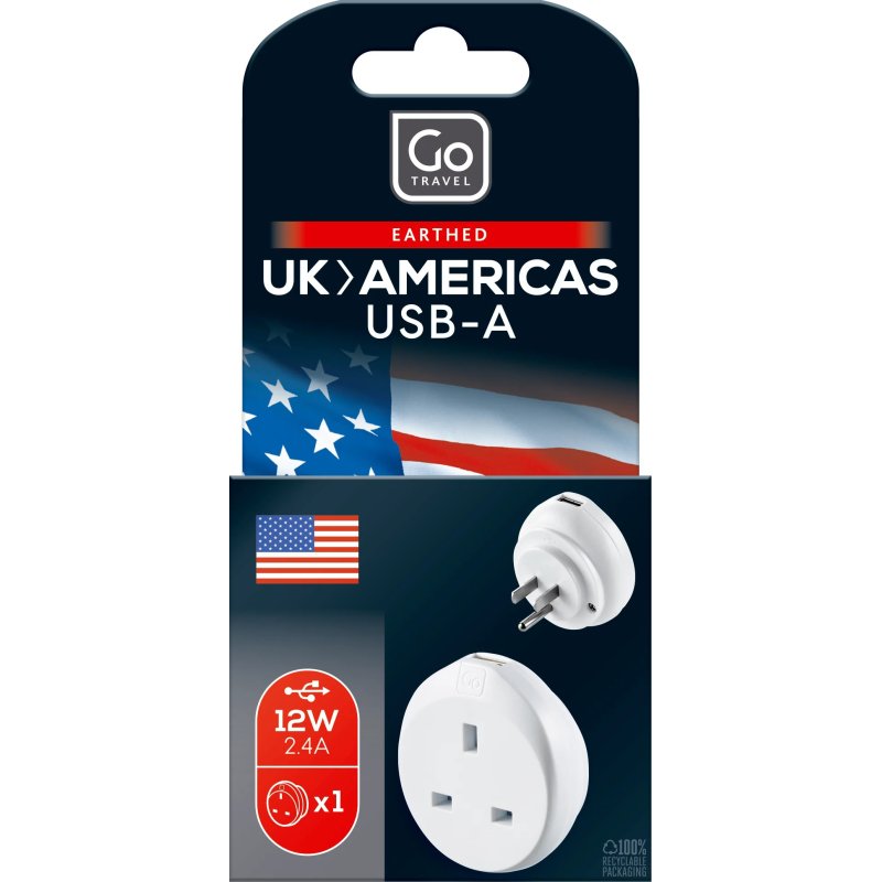 Go Travel UK-USA Adaptor + USB Box