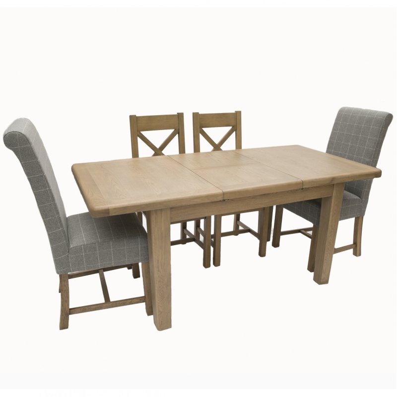 Heritage 1.3m Extendable Table & 2 Grey Upholstered Cross Back Chairs image of the table and chairs on a white background