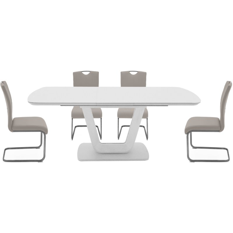 Lazzaro 1.6m White Extending Table with 4 Taupe Chairs