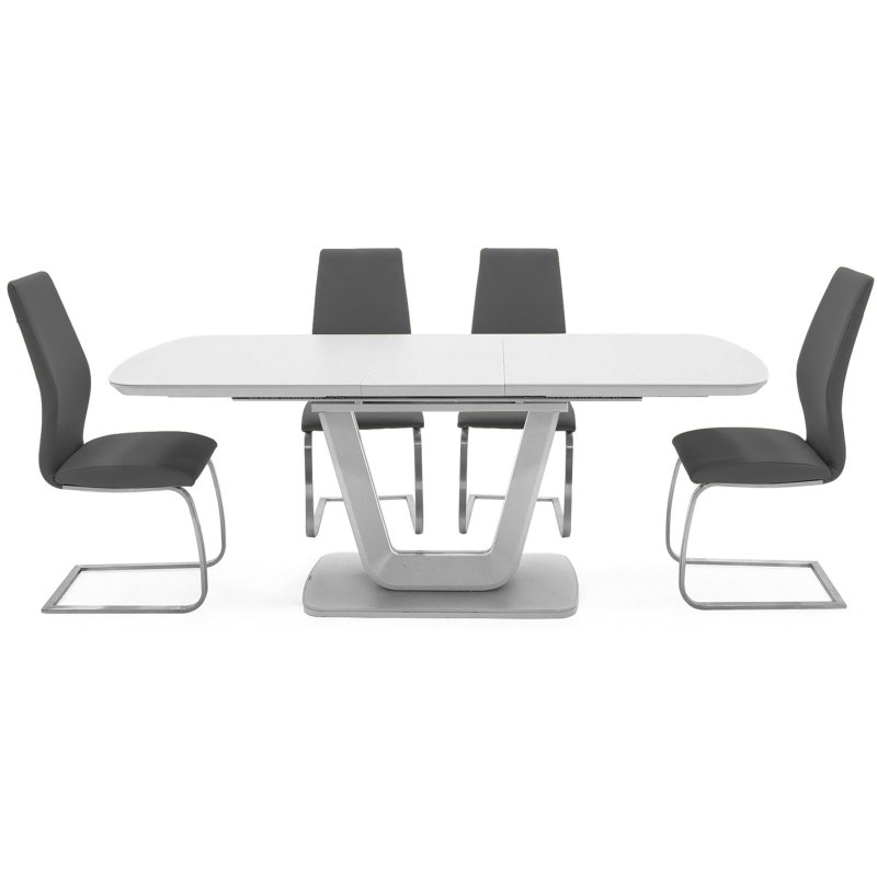 Lazzaro 1.6m White Extending Table with 4 Grey Irma Chairs