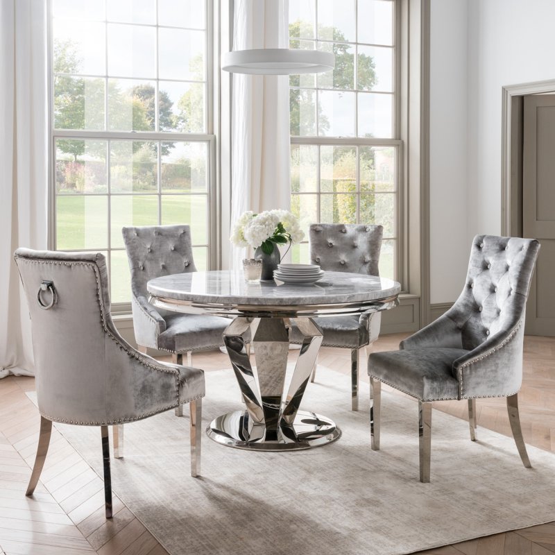 Arturo Round Dining Table and 4 Belvedere Chairs in Pewter