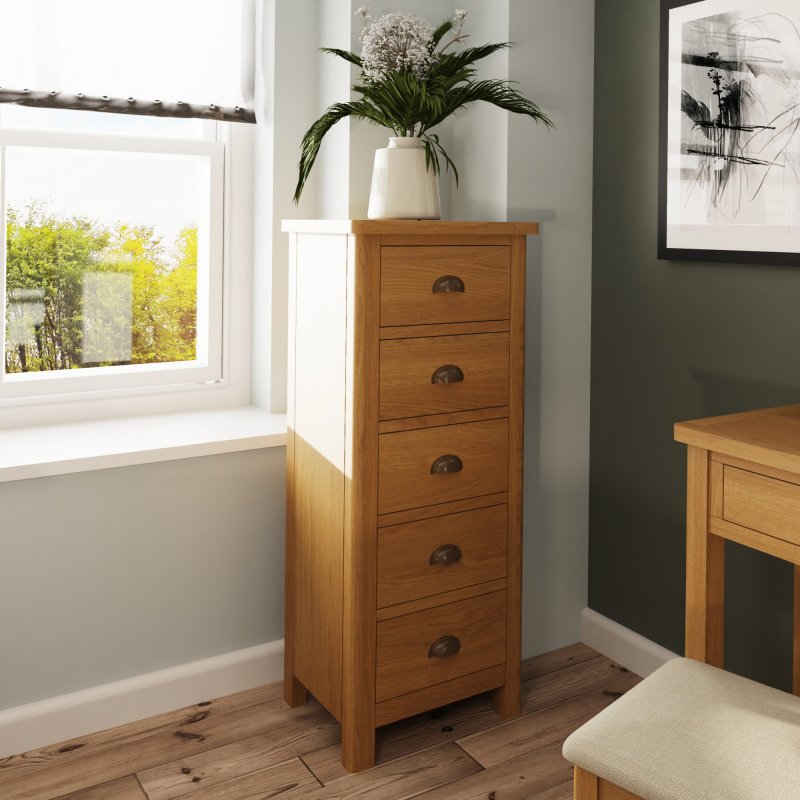 Hastings 5 Drawer Narrow Chest in Oak