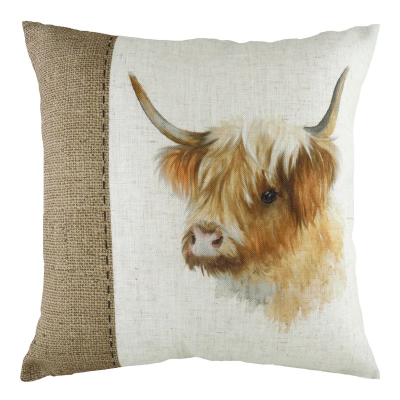 Hessian Cow Cushion Poly Filled White 43x43