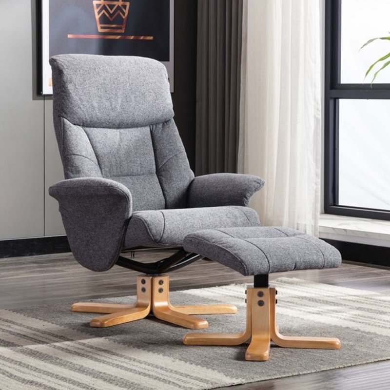 Marseille Swivel Recliner Chair & Stool Set in Slate Fabric