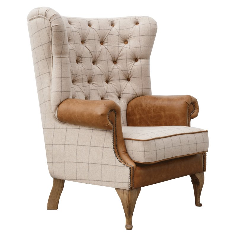 Artisan Buttoned Wing Chair in Natural Wool and Leather