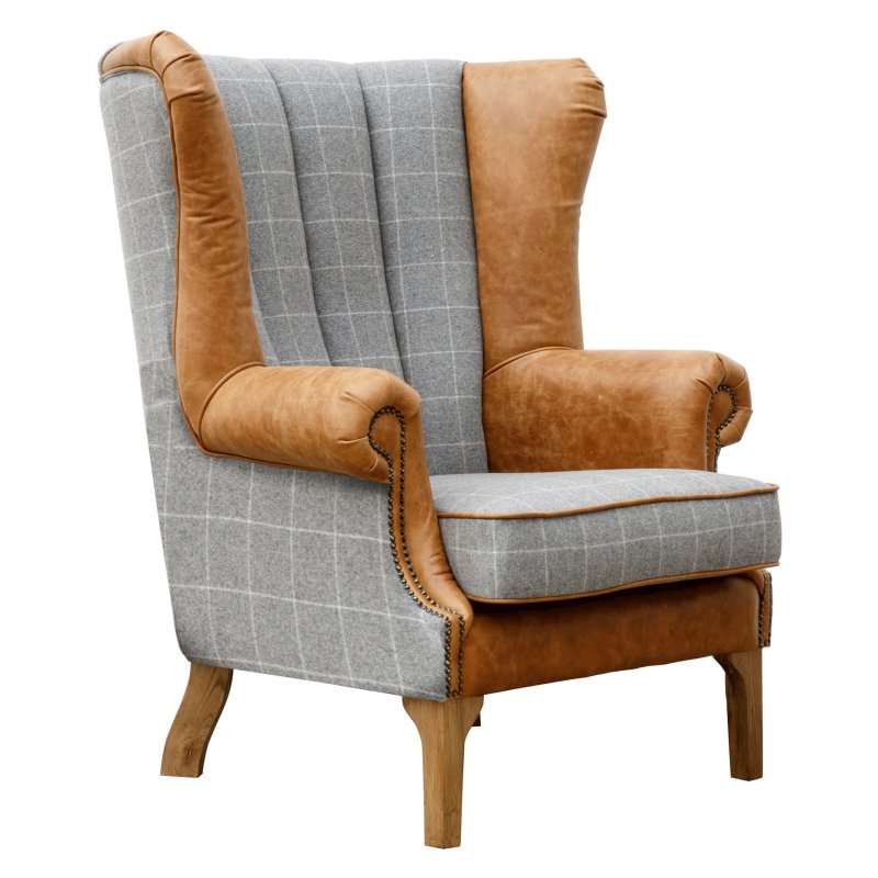 Artisan Fluted Wing Chair in Grey Wool and Leather