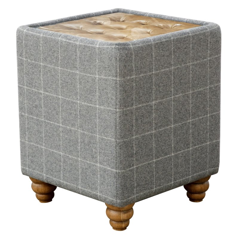 Artisan Side Table in Leather & Grey Wool with Glass Top