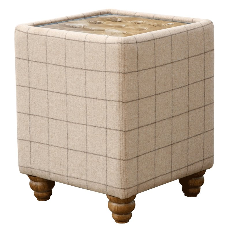 Artisan Side Table In Leather & Beige Wool With Glass Top