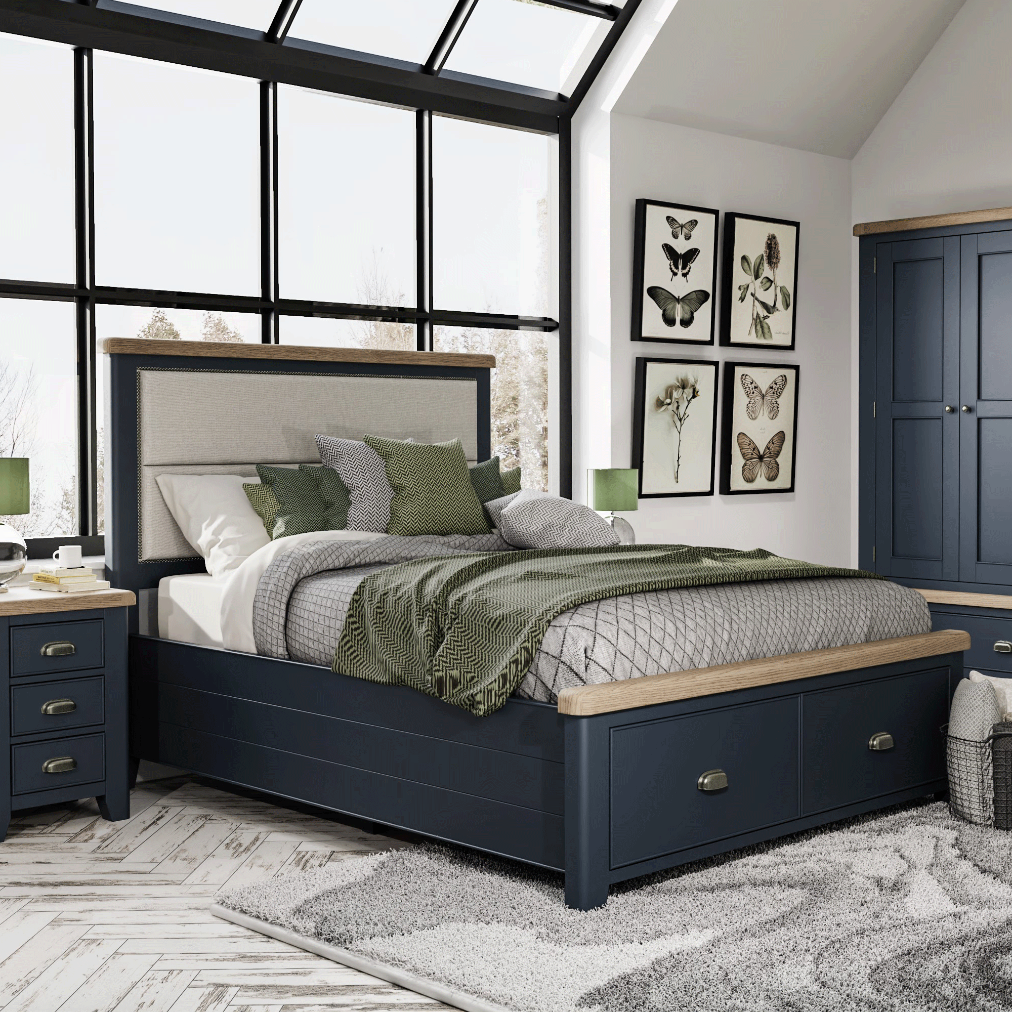 heritage blue bed with fabric headboard and drawer footboard - aldiss