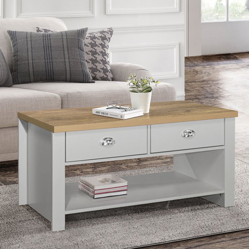 Gray coffee sales table with drawers