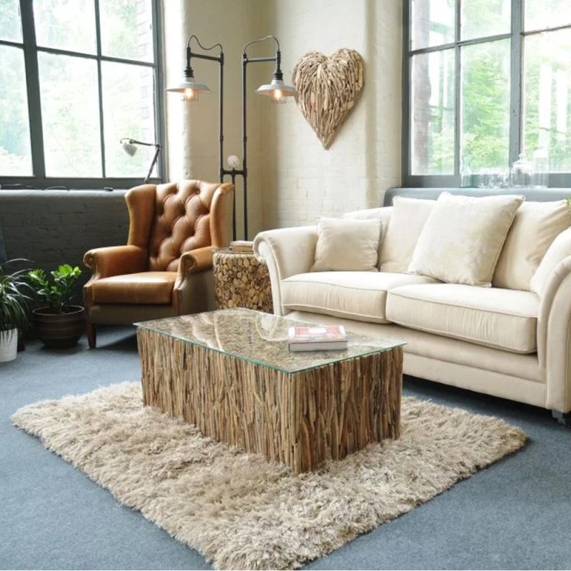 Driftwood Coffee Table with Glass Top