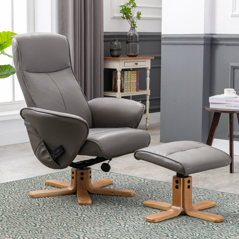 GFA Athena Swivel Recliner Chair & Stool Set in Grey Faux Leather