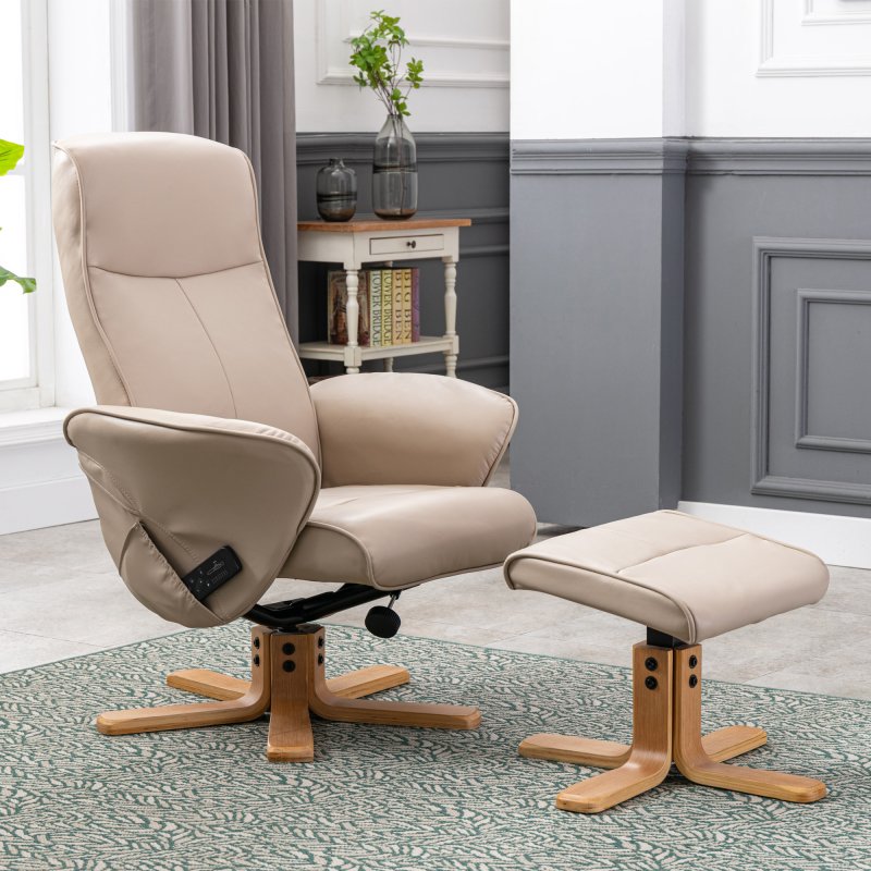 Athena Swivel Recliner Chair & Stool Set in Cream Faux Leather