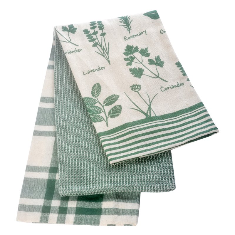 Set of 3 tea towels in striking green & cream colouring, perfect for a -  Aldiss