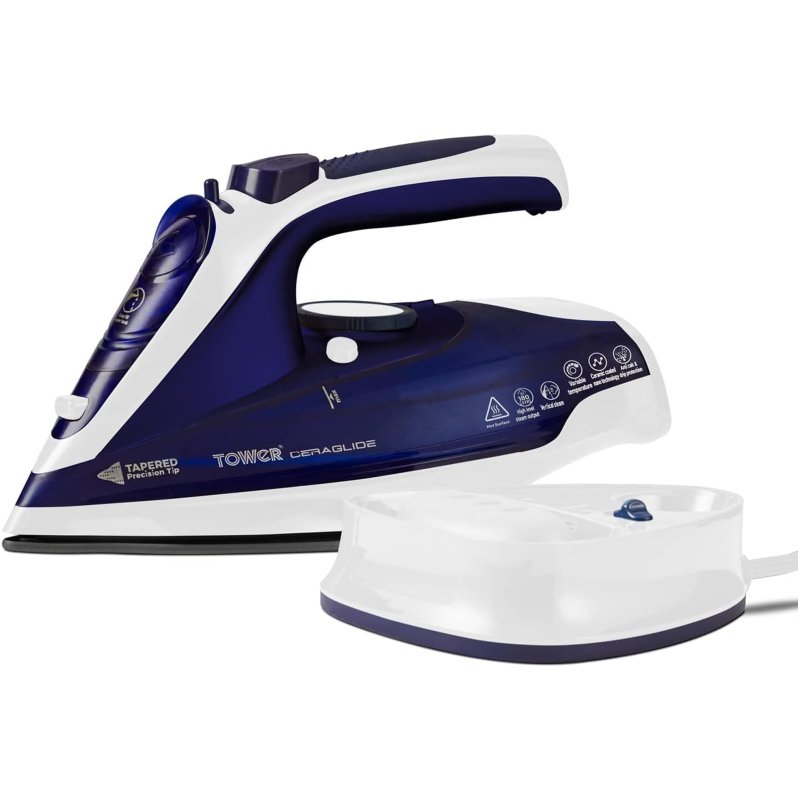 Tower Ceraglide 2400W Cord Cordless Steam Iron and base on a white background