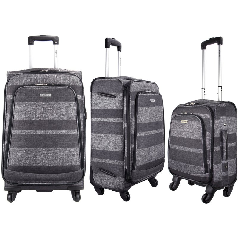 Highbury Unique Grey Stripe Ultra Light Weight Luggage trio on a white background