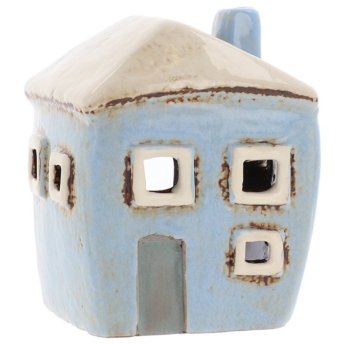 Village Pottery Sqaure House Pale Blue Mini Tealight - on a white background