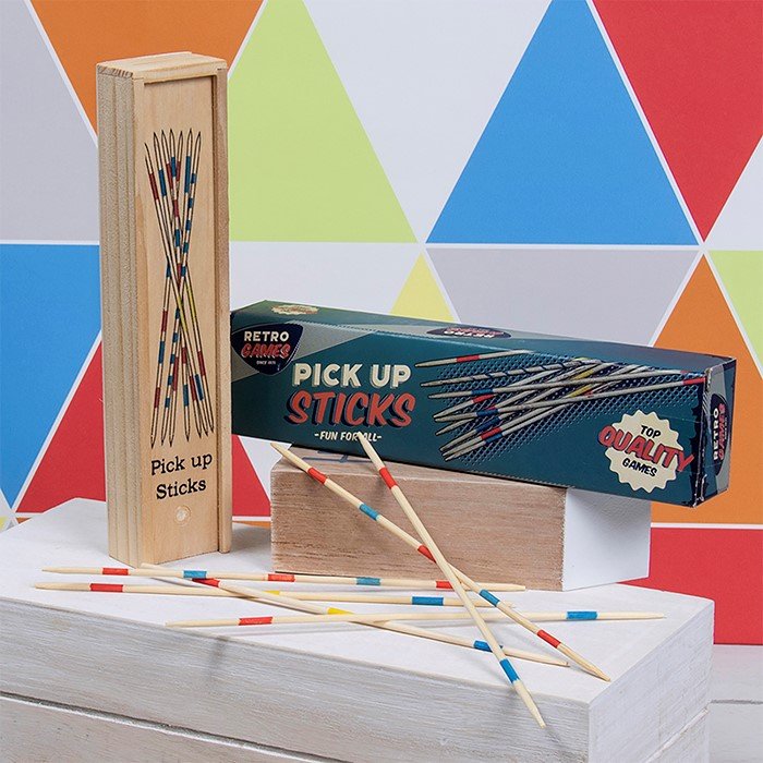 The Retro Games Pick up Sticks packaging and coloured background