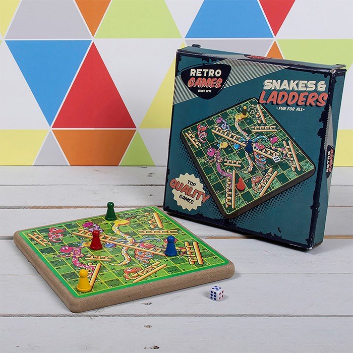 The Retro Games Snakes & Ladders on a coloured background with the box