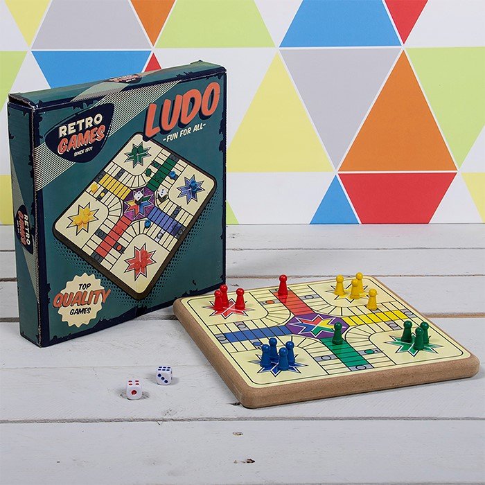 The Retro Games Ludo games box on a coloured background
