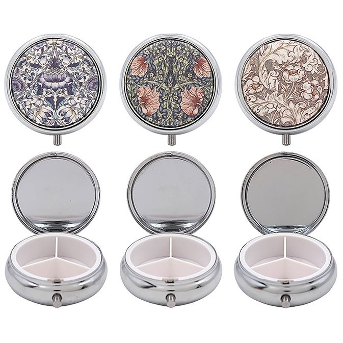 William Morris Pill Box three different types of pill boxes on a white background